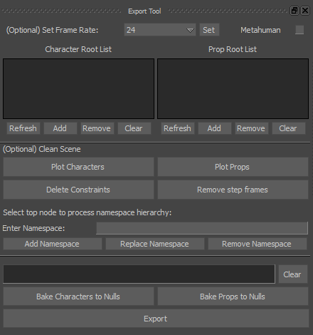 Export Tool panel in MotionBuilder