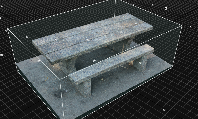 Picnic table reference photo (left) and the Reality Capture reconstructed mesh from the same scan (right)