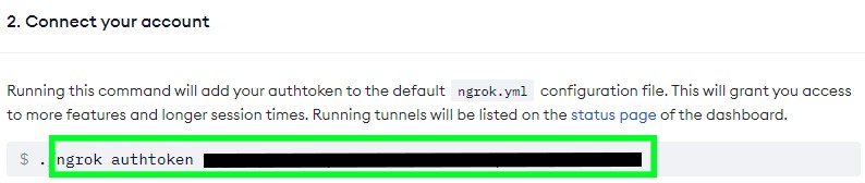 Copying the ngrok authtoken command from the Ngrok dashboard