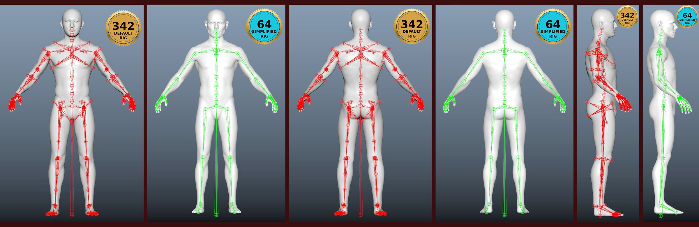 Default MetaHuman skeleton (342 joints) compared with the simplified version (64 joints), shown from front, back, left, and right