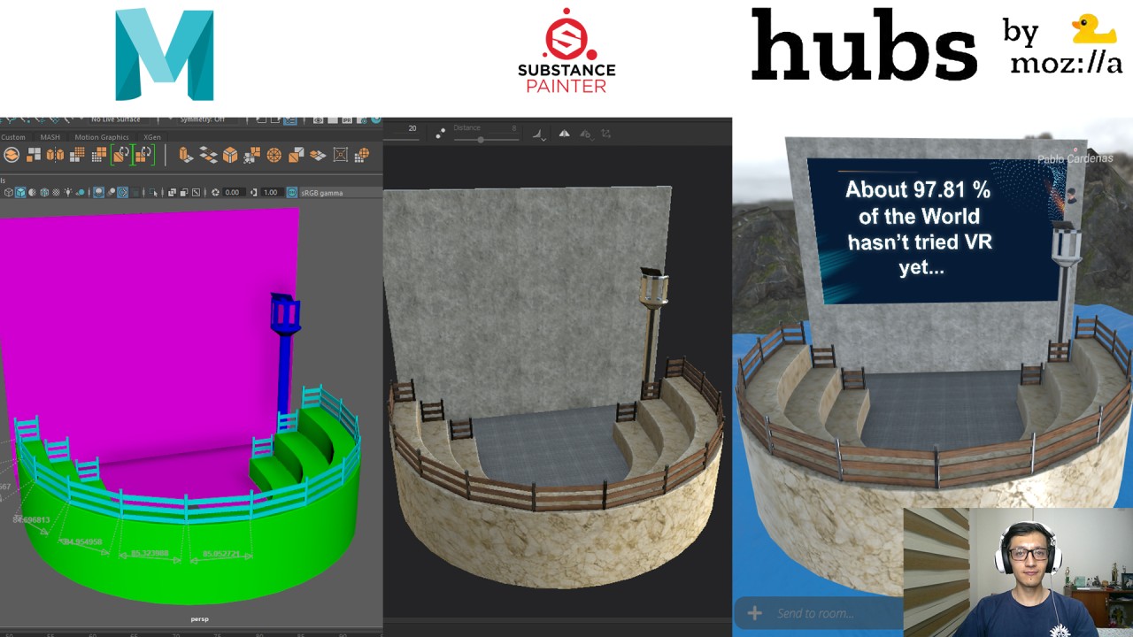 The full pipeline at a glance: low-poly architecture modelled and UV-unwrapped in Maya (left), textured in Substance Painter (centre), and published as a browser-accessible VR world in Mozilla Hubs via Spoke (right) — shown hosting my A11YVR conference talk.