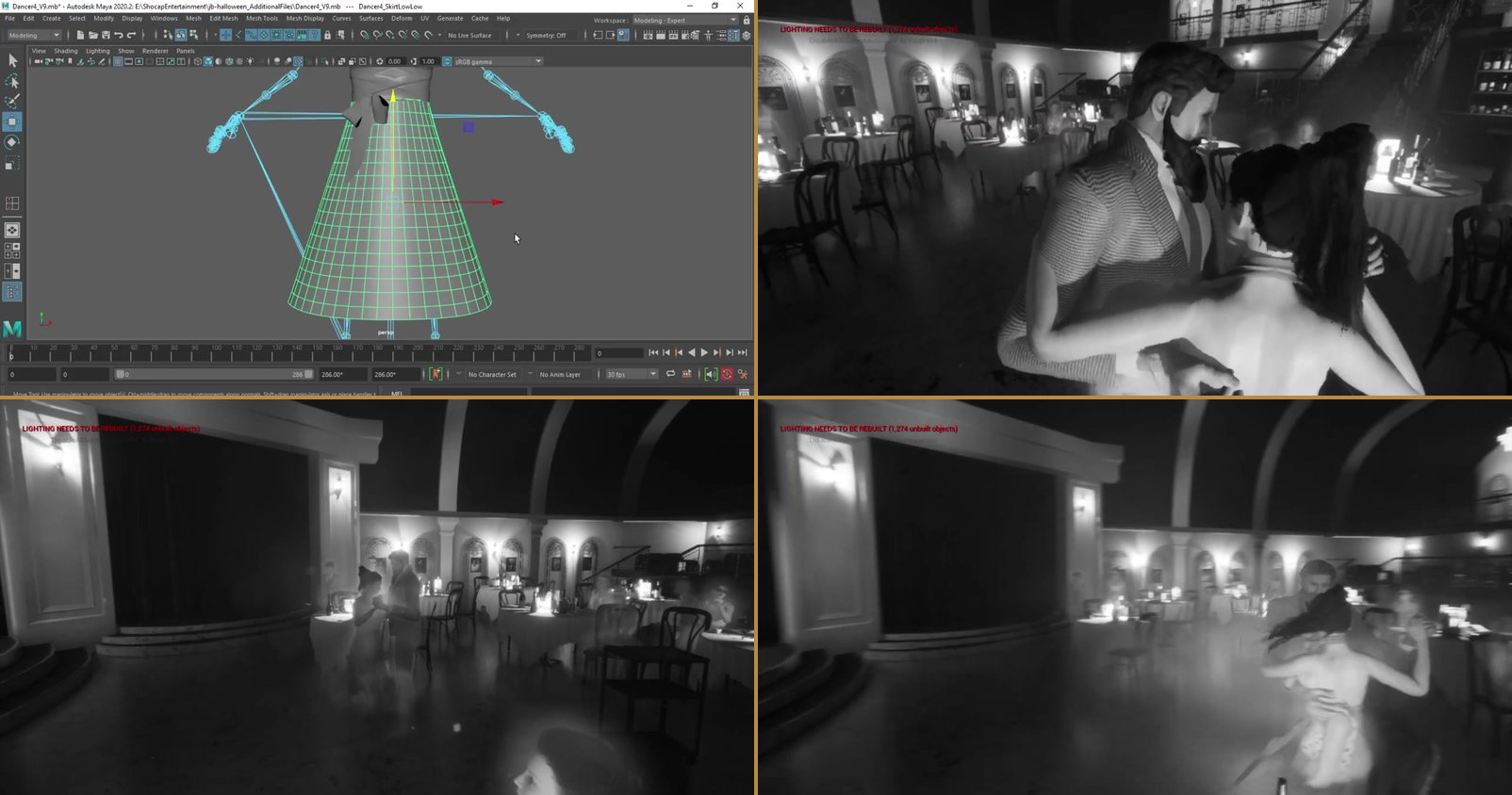 Cloth simulation across the cast: top-left, the Maya physics-asset setup on the female dancer's skirt with the wireframe and bones visible; top-right, the dancing couple close-up showing the dress in motion and the male dancer's beard simulation; bottom-left, the populated venue with the couple dancing among the audience tables; bottom-right, a second motion moment showing the dress flow.