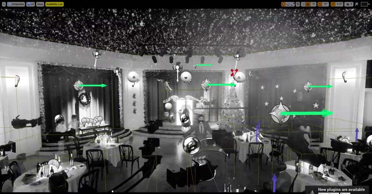 Wide interior shot of the Palomar with snow drifting through the venue — bar in the background, period dance floor, art deco columns, candle-lit tables in the foreground.